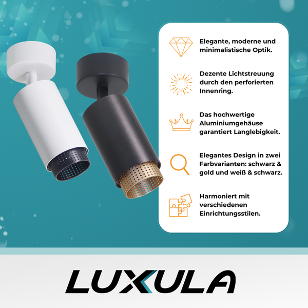 Zwei LUXULA Deckenstrahler aus Aluminium in Schwarz und Weiß