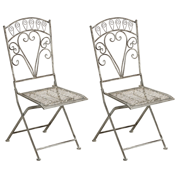 Zwei Gartenstühle aus Metall mit filigranem Design