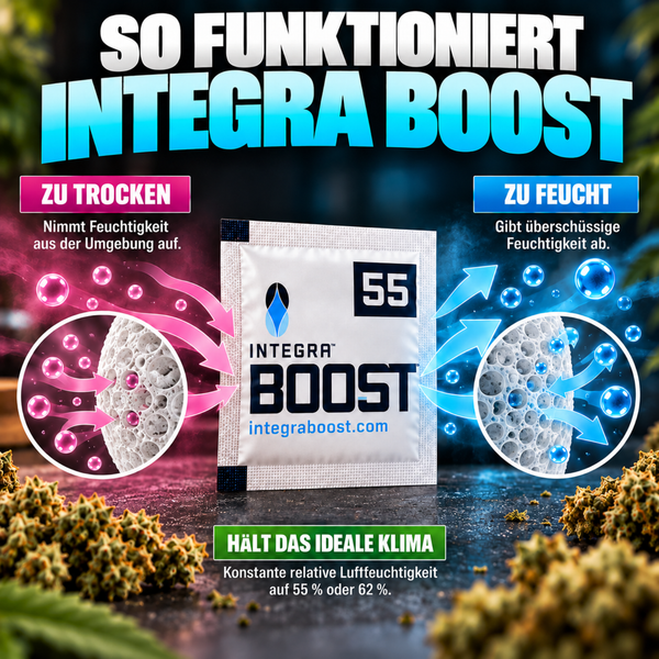 Infografik zur Funktionsweise des Integra Boost Feuchtigkeitsregulators für eine konstante relative Luftfeuchtigkeit von 55 Prozent.