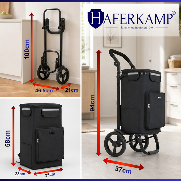 Haferkamp Einkaufstrolley mit Maßen in Zentimetern für das zusammengeklappte Gestell, die abnehmbare Tasche und den aufgebauten Trolley.