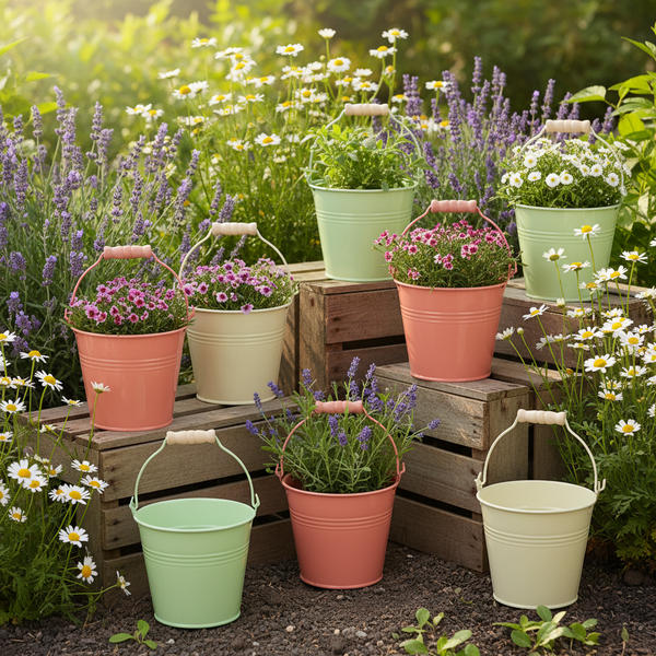 Bunte Metalleimer mit Holzgriffen als Pflanzgefäße, angeordnet auf Holzkisten in einem hellen Garten mit Lavendel und Gänseblümchen.