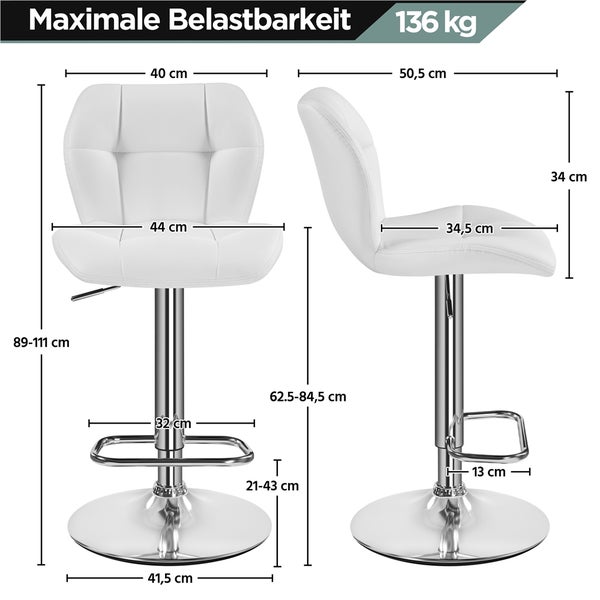 Abmessungen eines weissen Barstuhls
