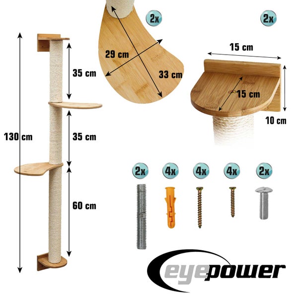 Eyepower Wandkratzbaum mit Sisalstamm und Holzplattformen inklusive Montagezubehör und Maßangaben in Zentimetern.