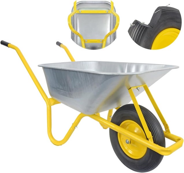 Schubkarre Matrix 100L Stahlmulde 250kg Tragkraft mit pannensicherem PU-Rad – Bauschubkarre für Garten & Bau – Gelb