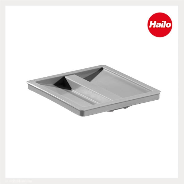 Hailo Logo und grauer Systemdeckel aus Kunststoff für Mülltrennsysteme.