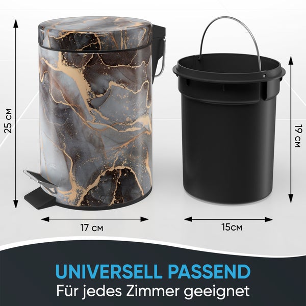 Treteimer mit Marmoroptik und herausnehmbarem Inneneimer, Maße dargestellt
