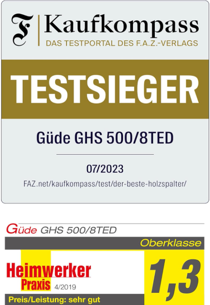 Kaufkompass Logo Testsieger Siegel für Holzspalter Güde GHS 500/8TED Juli 2023 und Heimwerker Praxis Logo Testurteil 1,3.