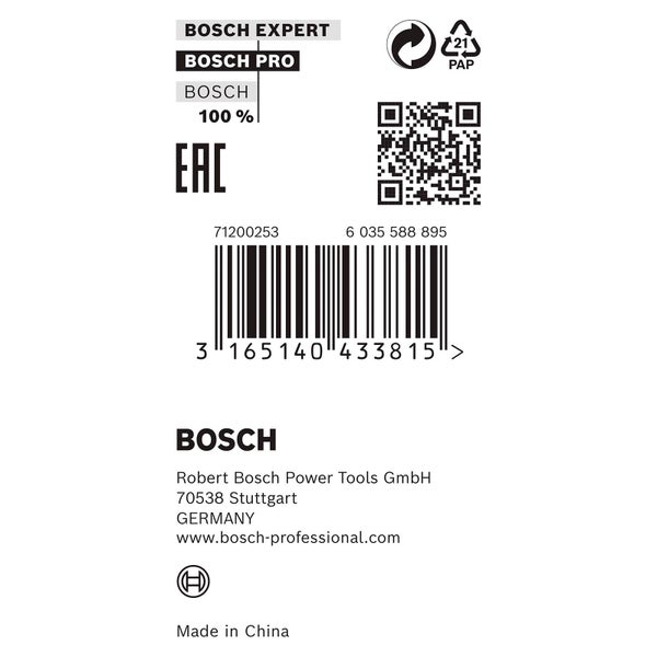 Bosch Expert, Bosch Pro, Bosch Logo, EAC-Zeichen, Barcode, QR-Code, Papierverpackungssymbol