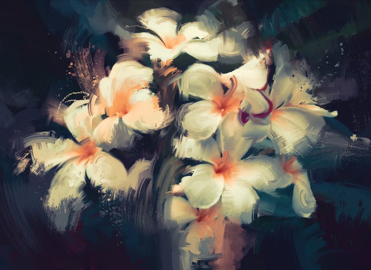 Abstraktes Wandbild mit weißen Blumen im impressionistischen Stil mit groben Pinselstrichen auf dunklem Hintergrund.