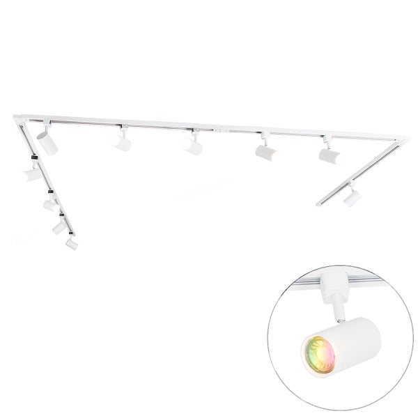 Weißes LED-Schienensystem mit mehreren verstellbaren zylindrischen Strahlern zur Deckenmontage.