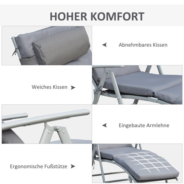 Outsunny Sonnenliege, Strandliege, klappbar, verstellbar, mit Kissen, 137 x 63,5 x 100,5 cm, Metall, Stoff, Grau
