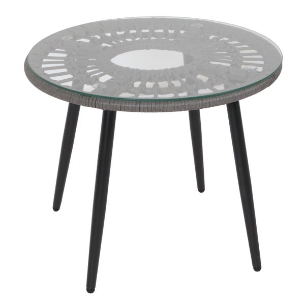 Runder Gartentisch mit Glasplatte und drei Beinen