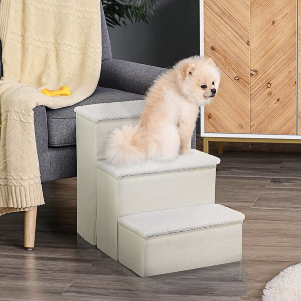 PawHut Haustiertreppe Katzentreppe Hundetreppe Faltbar 3 Stufen Tiertreppe mit Stauraum für Katzen und Hunde MDF Weiß 40 x 54 x 48 cm