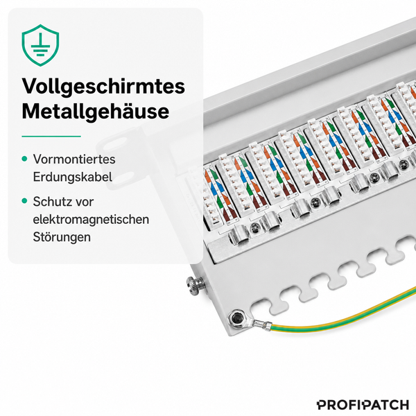 Patchpanel aus Metall mit Vollschirmung, vormontiertem Erdungskabel und Schutz vor elektromagnetischen Störungen. Profipatch Logo.