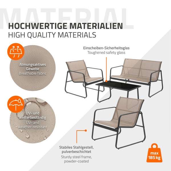 ML-Design Gartenmöbel Set 4-tlg, Taupe, Balkonmöbel aus Stahl & Textilene für 4 Personen, Garten Sitzgruppe mit Glastisch, Sofa und 2 Sesseln, wetterfest, Gartengarnitur Outdoor für Balkon, Terrasse
