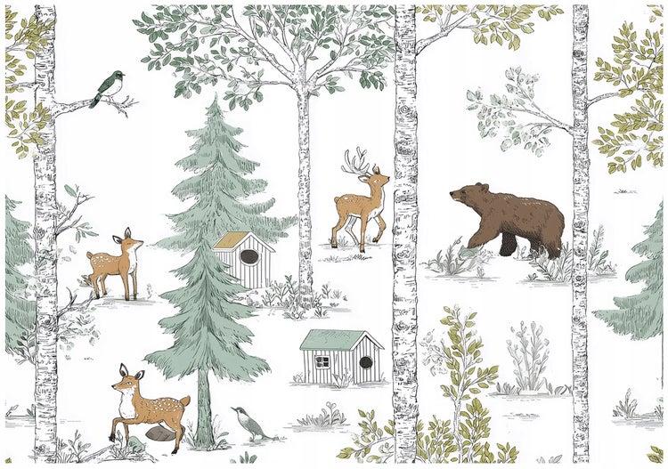 Illustration eines Waldes mit Tieren und Vogelhäusern