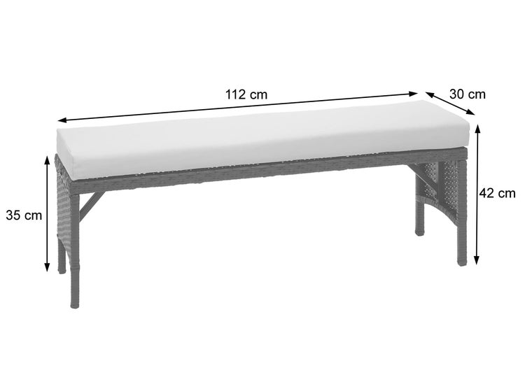 Gartenbank aus Geflecht mit Sitzkissen, Länge 112 Zentimeter, Breite 30 Zentimeter, Sitzhöhe 35 Zentimeter, Gesamthöhe 42 Zentimeter.