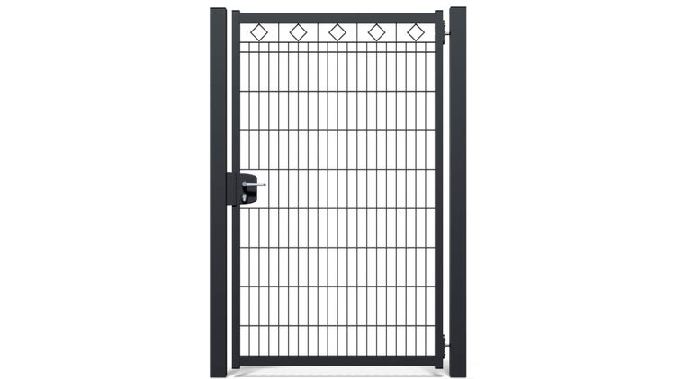 Gartentür ZAUNGURU BASIC-Linie Raute aus Metall, Höhe: 183cm, Breite: 123cm, 1-flügelig inkl. Pfosten, Schloss und Zubehör, Feuerverzinkt und zusätzlich in RAL 7016 Anthrazitgrau pulverbeschichtet