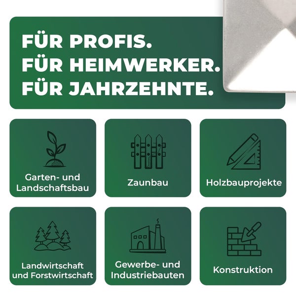 Anwendungsbereiche für Profis und Heimwerker: Garten- und Landschaftsbau, Zaunbau, Holzbauprojekte, Landwirtschaft, Gewerbebau und Konstruktion.