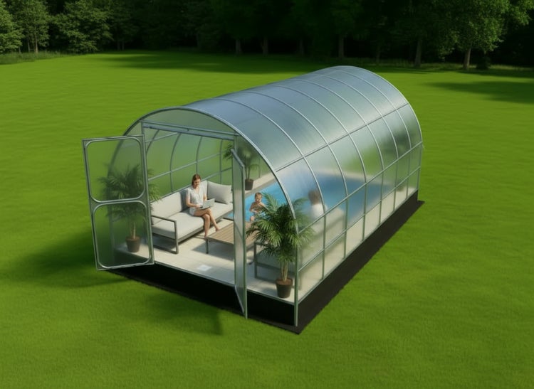 Poolüberdachung auf einer Rasenfläche mit Person auf einer Couch und einer Person im Pool.