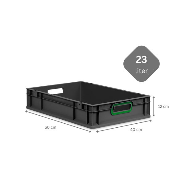 PROREGAL SparSet 10x Eurobox NextGen Color mit Auflagedeckel und Schiebeschnappverschlüsse, HxBxT 12x40x60cm, 23 Liter, Schwarz, Griffe grün offen, Eurobehälter, Transportbox, Transportbehälter, Stapelbehälter