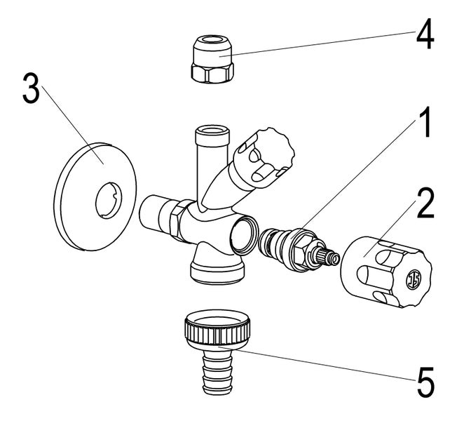 Explosionszeichnung eines Wandventils mit nummerierten Einzelteilen wie Ventiloberteil, Griff, Wandrosette und Schlauchanschluss.