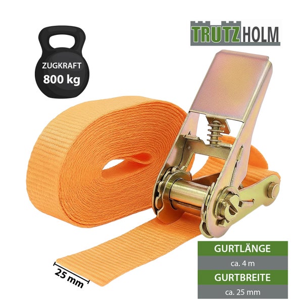Spanngurt mit einer Zugkraft von 800 Kilogramm, einer Gurtlänge von circa 4 Meter und einer Gurtbreite von circa 25 Millimeter