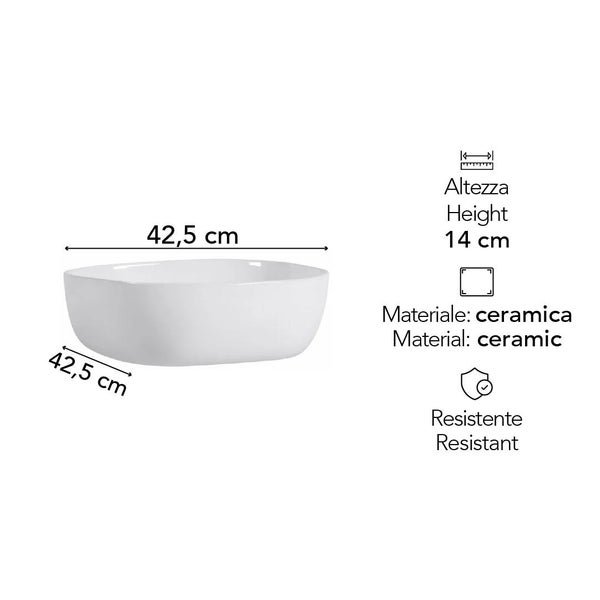 Aufsatzwaschbecken aus Keramik, quadratisch mit abgerundeten Ecken, 42,5 mal 42,5 mal 14 Zentimeter, widerstandsfähiges Material.