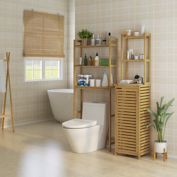 HOMCOM Badezimmerschrank aus Bambus Badschrank mit Schrankfach, Toilettenschrank mit 3 Offen Fächern, Kippschutz, für Bad, Naturholz, 38,5 x 33 x 170 cm