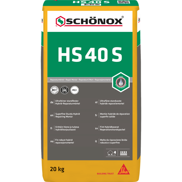 20 Kilogramm Sack Schönox HS 40 S, ultrafeiner standfester Hybrid-Reparaturmörtel, sehr emissionsarm und schnelltrocknend.