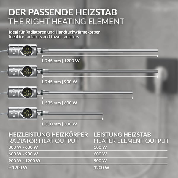 ML-Design Heizstab 600W Chrom mit Thermostat und LCD Bildschirm, Elektronischer Temperaturregler und Timing-Funktion, Heizpatrone Heizelemente für Badheizkörper Heizungen, Elektroheizstab mit Stecker
