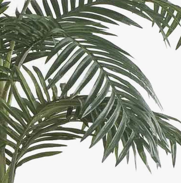 Künstliche Blume mit grünen Blättern und einer weißen Blütenknospe am Stiel.