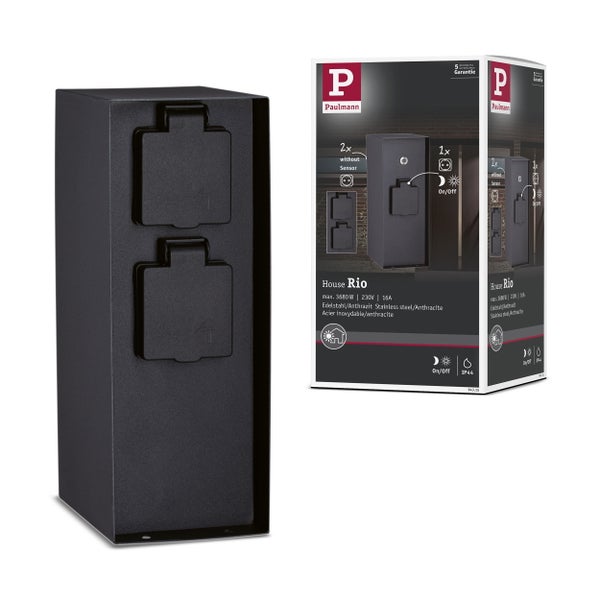 Paulmann Außensteckdose House Rio aus Edelstahl in Anthrazit mit zwei Steckdosen inklusive Schutzklappen neben der Verpackung.