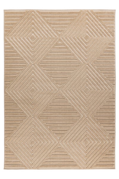 Rechteckiger Teppich mit geometrischem Rautenmuster und strukturierter Oberfläche für den Wohnbereich.
