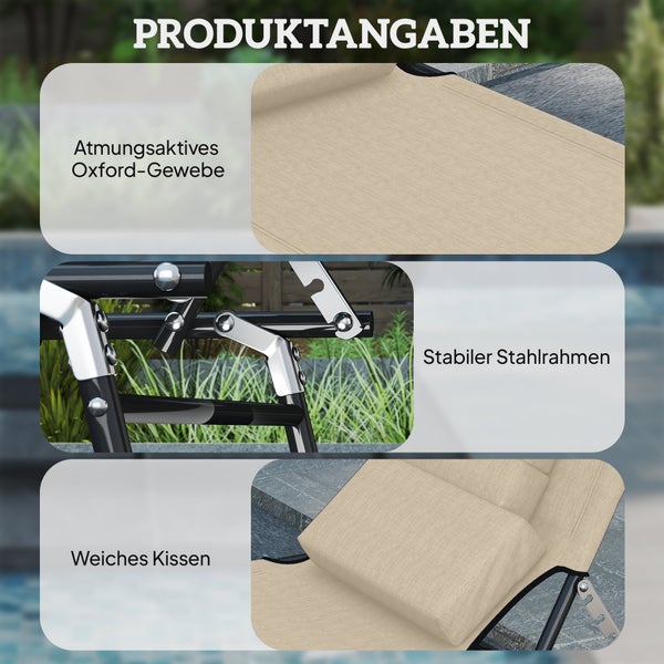 Infografik zu Produktangaben einer Gartenliege mit atmungsaktivem Oxford-Gewebe, stabilem Stahlrahmen und weichem Kissen.
