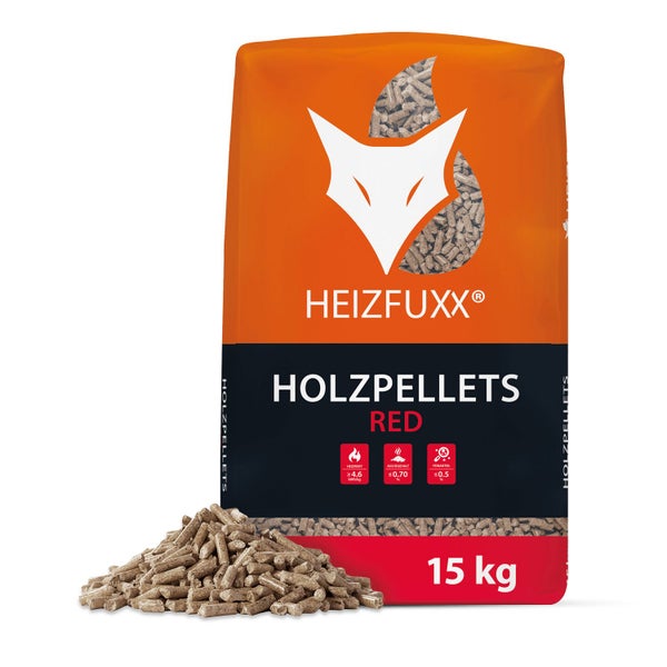 Heizfuxx Holzpellets Red im 15 Kilogramm Sack.