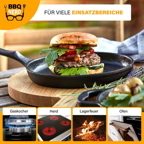 BBQ Nerd Gusseisen Crêpespfanne Ø 19 cm für Pfannkuchen Crêpes Spiegelei | Antihaftpfanne mit exzellenter Wärmeleitung | Crepepfanne für Grill Feuerstelle Herd einschl. Induktion