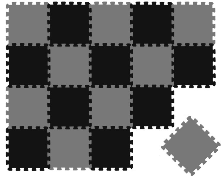 Ineinandergreifende Bodenschutzmatten in Schwarz und Grau, quadratische Puzzlematten aus Schaumstoff für Fitnessräume oder Werkstätten.