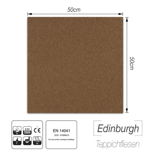 FLOORDIREKT Nylon Teppichfliese Edinburgh - 50 x 50 cm - Selbstliegend - Braun
