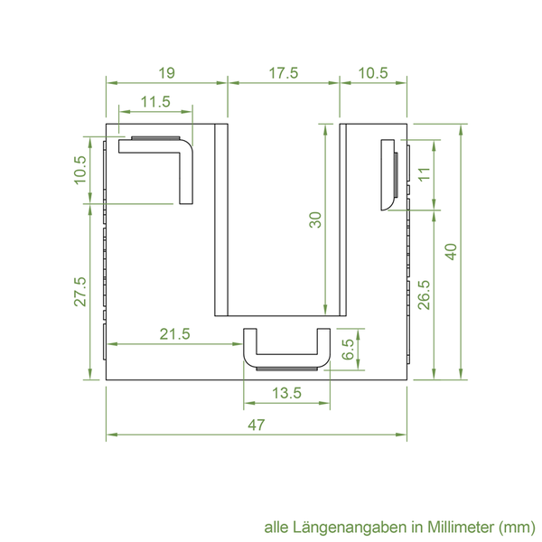 Technische Zeichnung eines U-förmigen Bauteils mit Maßangaben in Millimeter für präzise Montage.