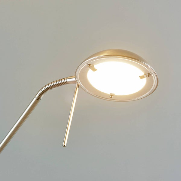 LED-Leseleuchte mit rundem Leuchtkopf, flexiblem Schwanenhalsarm und Metallgriff.