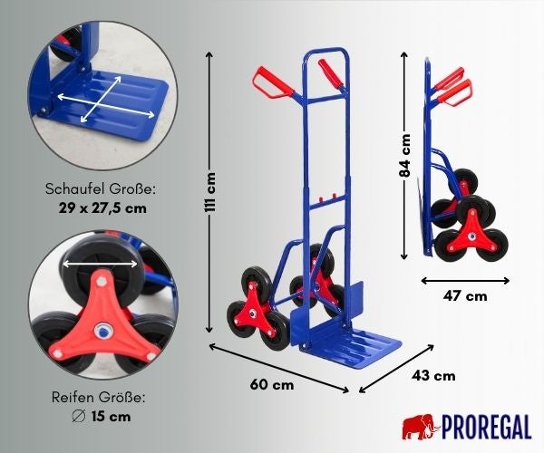 PROREGAL Treppensackkarre ODIN HxBxT 111x60x43cm Tragkraft Hartgummi-Bereifung Blau Treppensteiger Sackkarre