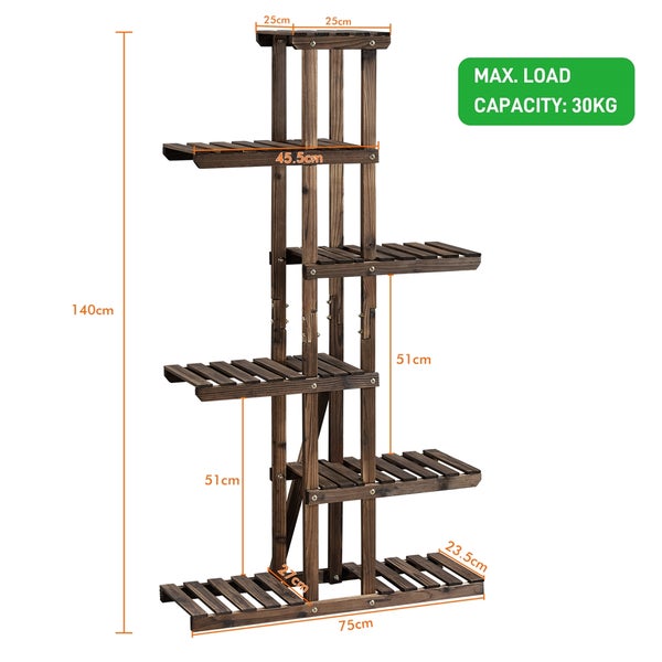 Mehrstöckiges, freistehendes Pflanzenregal aus Holz mit den Maßen 140 cm Höhe, 75 cm Breite und einer maximalen Belastbarkeit von 30 kg.