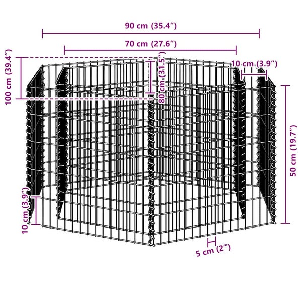 Sechseckiges Gabionen-Hochbeet aus Metalldraht mit Maßangaben: Breite 90 Zentimeter, Höhe 100 Zentimeter und Maschenweite 5 Zentimeter.