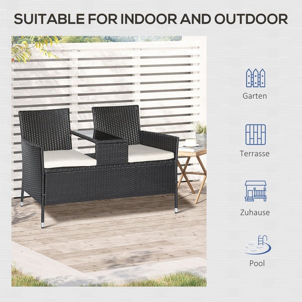 Outsunny Polyrattan Gartenbank, Gartensofa, 2-Sitzer, B133 x T63 x H84cm, Stahl, Schwarz