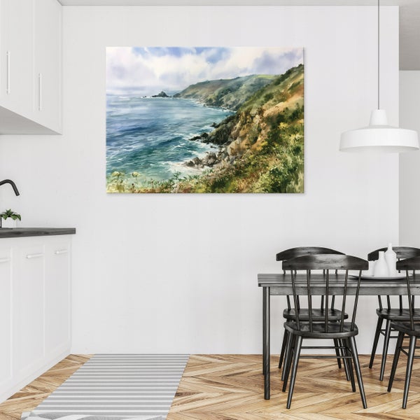 Wandbild mit Küstenlandschaft Aquarell im modernen Esszimmer mit Holztisch und schwarzen Stühlen