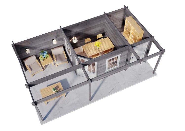 Modernes Gartenhaus aus grauem Holz mit Flachdach, weißer Doppeltür, Fenstern und integriertem Unterstand in einem hellen, weitläufigen Garten.