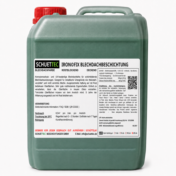 Schuettec Ironfix Blechdachbeschichtung, rostblockende Blechdachfarbe im Kunststoffkanister.