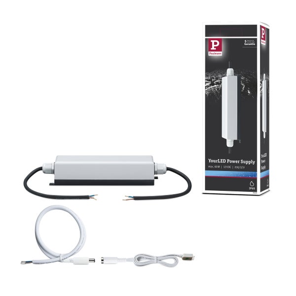 Paulmann YourLED Netzteil, 60 Watt, 12 Volt Gleichstrom, Schutzart IP65, 5 Jahre Garantie, inklusive Anschlusskabeln und Produktverpackung.