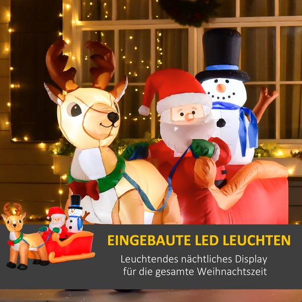 HOMCOM Aufblasbarer Weihnachtsmann auf Schlitten mit Schneemann, LED, wetterfest, 200 x 80 x 128 cm, Polyester, Rot+Gelb